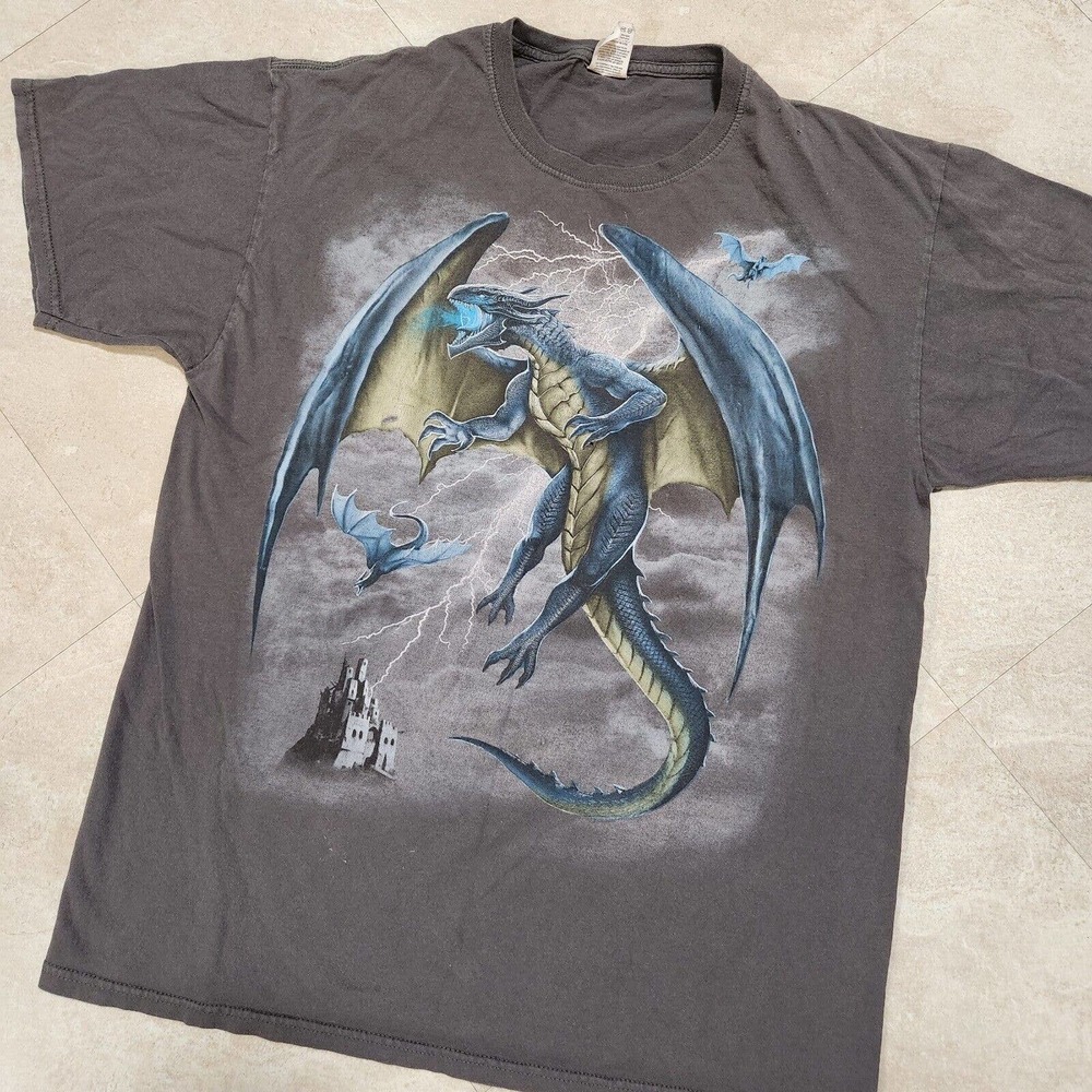 Flying Dragon Mens Adult L Large Grey Graphic T Shirt FOTL Distressed Streetwear